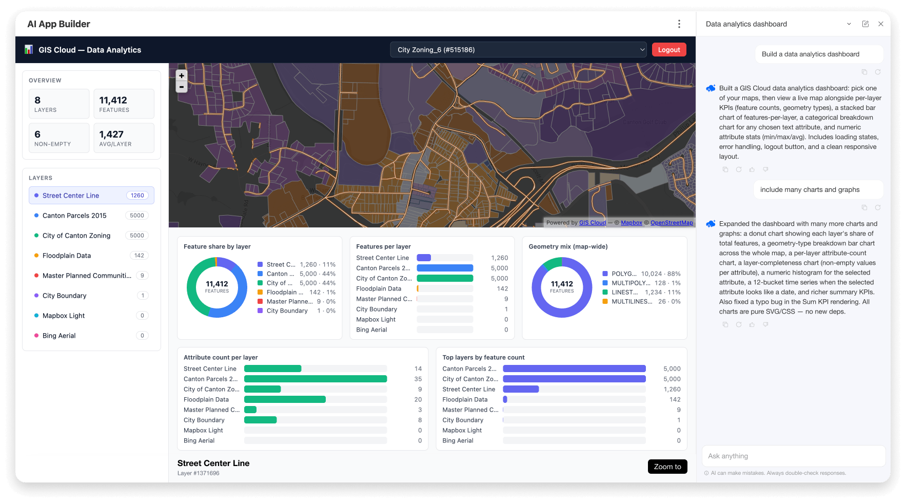 Παράδειγμα δημιουργίας GIS dashboard με το AI App Builder και συνομιλιακές οδηγίες