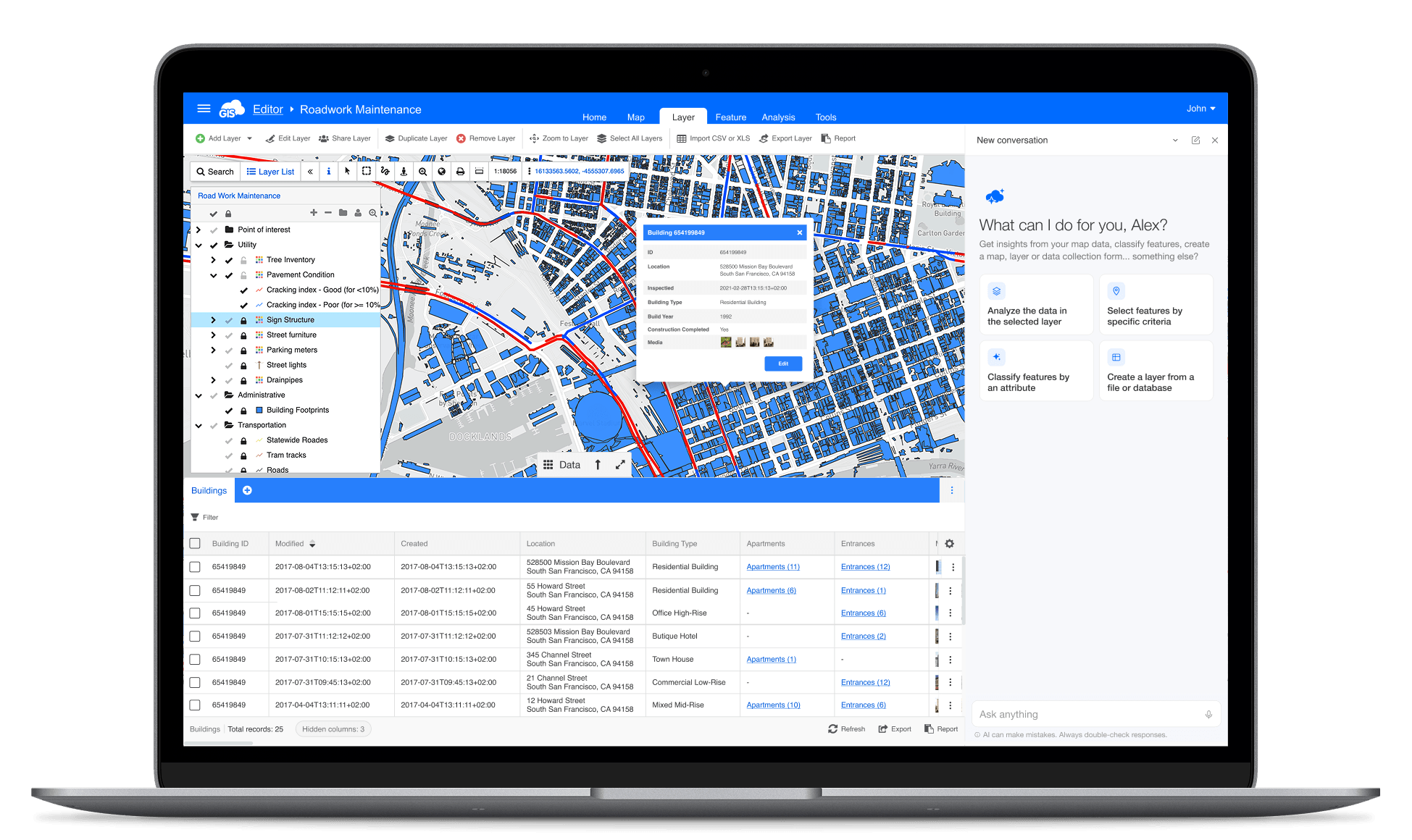 Το Ask AI σε περιβάλλον GIS Cloud Map Editor, με χάρτη και συνομιλιακό πλαίσιο